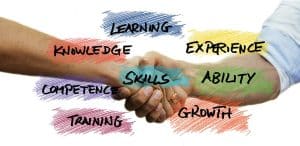 Work-life balance business model word cloud of learning knowledge experience skills ability competence training growth and shaking hands 